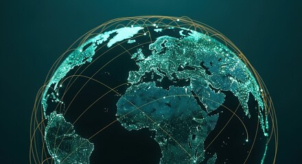 Poster - Luminous green earth globe with continents illuminated against a dark teal background