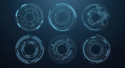 Poster - Futuristic circular holographic interfaces with glowing blue circuits on a dark background