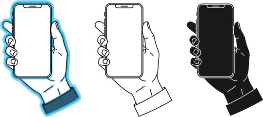 Poster - Hand holding phone vector illustration for mobile app design and ui ux design with different styles