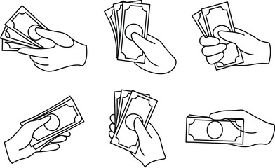 Poster - Hand Holding Cash Money Bills in Various Positions Black and White Outline