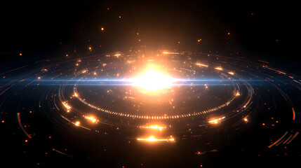 Fototapete - Futuristic technology background with glowing rings and light effects in dark space