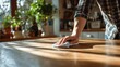 © Ariestia - Person cleaning a wooden table with a light blue cloth.