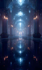 Poster - Ethereal palace hall with intricate architecture illuminated by soft glowing light creating a mesmerizing reflective atmosphere in a serene and majestic fantasy environment for