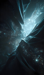 Poster - Mystical abyss landscape features an otherworldly vista illuminated by distant sparkling lights creating an evocative and dramatic sense of depth and wonder within a celestial