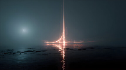 Aufkleber - Abstract digital art featuring glowing lines ascending from water under a misty sky creating a futuristic and ethereal ambiance showcasing innovative design and artistic expression