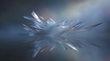 Poster - Abstract shimmering icy crystals reflecting in tranquil water for sophisticated designs with futuristic crystal cluster and soft gradients creating a serene glacial atmosphere
