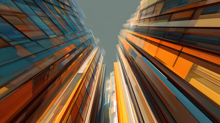 Poster - Abstract architectural cityscape view from below featuring angular and geometric shapes bathed in warm orange and cool teal hues offering a modern and dynamic perspective perfect