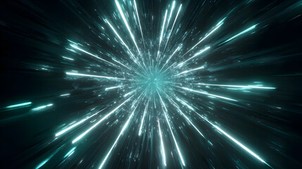 Poster - Abstract cyan light streaks emanating from central point in dark space