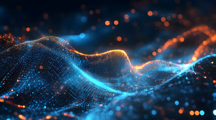 Fototapete - Abstract data landscape with blue and orange glowing particles on dark background