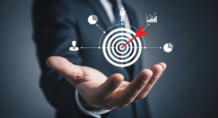 Poster - A hand holding a target with a red arrow and business icons floating above it on a dark background