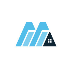 Leinwandbilder - The image shows a logo design of a letter M in a house shape in blue color combination in simple flat style that looks clean and modern on a white background