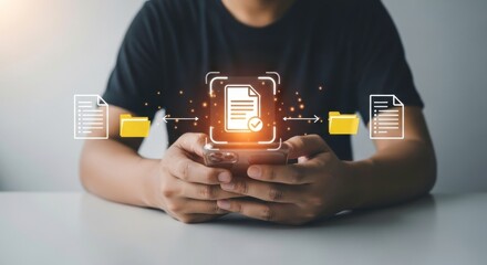 Poster - Person holding smartphone with document transfer interface and data management illustration overlay