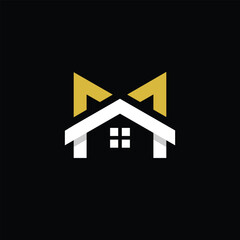 Leinwandbilder - The image shows a logo design of a letter M in house shape in white and gold color in simple flat style that looks clean and modern on a black background