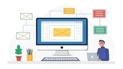 Digital communication workflow concept with man using laptop and computer