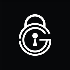 Poster - The image shows a logo design of a letter G in round lock shape with a keyhole on the middle in white color in simple style that looks clean and modern on a black background