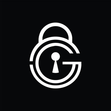 The image shows a logo design of a letter G in round lock shape with a keyhole on the middle in white color in simple style that looks clean and modern on a black background