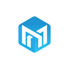 Poster - The image shows a logo design of an abstract M in white color inside a blue hexagonal cube in simple style that looks clean and modern on a white background
