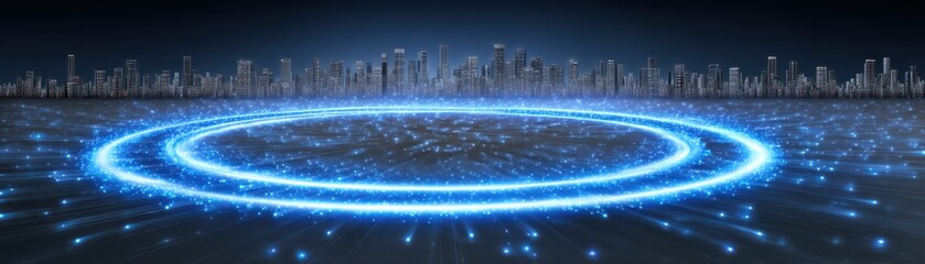 Poster - A futuristic city skyline at night with glowing blue digital rings hovering over a grid-like surface.