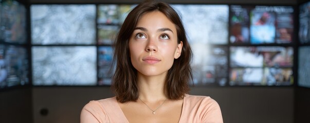 Poster - A thoughtful young woman looks upward, standing in front of multiple blurred digital screens in a modern control room or tech environment.
