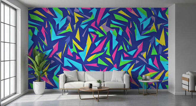 Modern living room with abstract colorful 2D wall graphics blending into realistic 3D decor