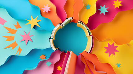 Poster - Colorful abstract paper art with central turquoise space and stylized stars