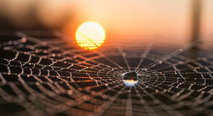Dewdrop clinging to a spiderweb with a blurred sunrise in the background, creating a serene and natural scene.