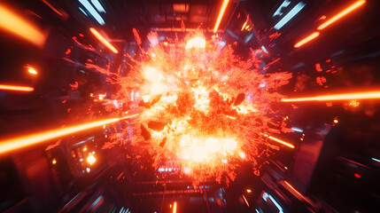 Poster - Futuristic explosion inside a spaceship corridor with laser beams and red particles