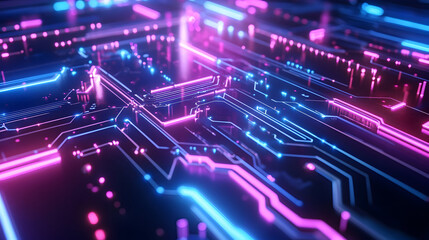 Poster - Futuristic Technology Circuit Board with Neon Light Effect, High Tech Background