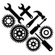© TARIKUL ART - Black silhouette of gears wrenches and screwdrivers on white background cogwheel spanner