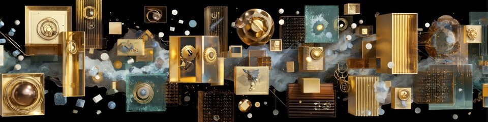 Poster - Abstract composition with golden geometric shapes and spheres on a dark background art design