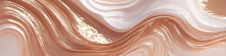 Fototapete - An abstract close up of flowing rose gold and white liquid with reflections and smooth textures
