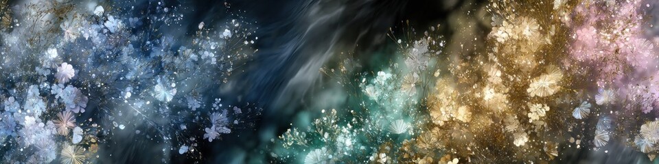 Fototapete - Abstract floral background with blue green gold and pink hues and bokeh effect creating a dreamy scene