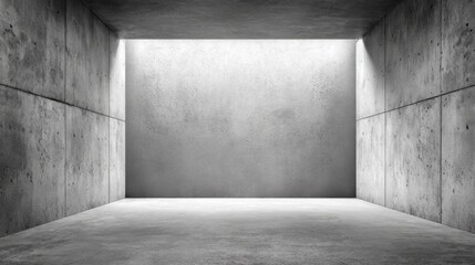 Poster - A spacious empty room features bare concrete walls and a smooth floor, illuminated by soft light from above, evoking a minimalist and industrial design aesthetic.