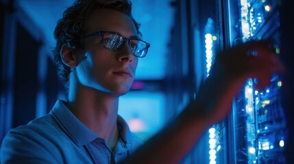 Poster - A focused technician adjusts illuminated server controls in a data center. The blue lighting creates a high-tech atmosphere as he enhances system operations after hours.