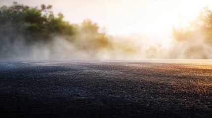 Wall Mural - Soft mist envelops a deserted asphalt road at sunrise, creating an ethereal atmosphere. The golden light pierces through, enhancing the serenity of the landscape.