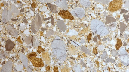 Poster - This terrazzo flooring features a blend of cream, brown, and golden stones, arranged in an intricate design. It provides a unique and elegant aesthetic for any space, adding warmth and character.