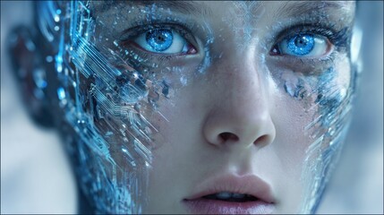 Poster - A humanoid figure displays striking blue eyes and intricate digital patterns on the skin. The atmosphere is futuristic, showcasing advanced technology and an ethereal glow.