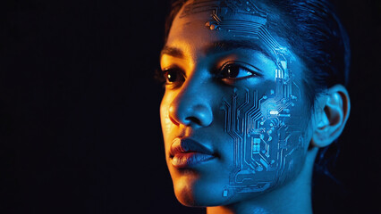 Wall Mural - technological fusion: a portrait of a woman with intricate circuit board patterns seamlessly integra