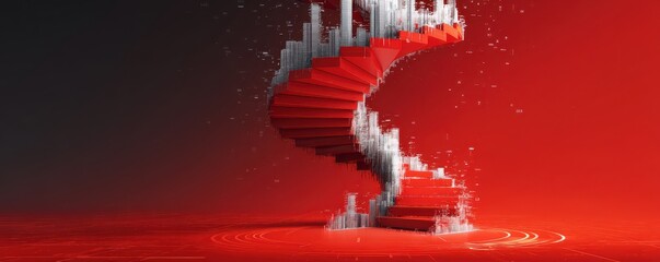 Poster - Abstract red and silver spiral staircase blending technology and business