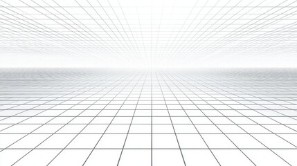 Poster - A grid pattern stretches infinitely across a white surface, creating a captivating illusion of depth and space. The background fades into a bright horizon, emphasizing the geometric design.