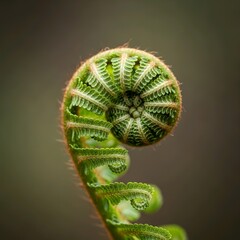 Poster - Close-up of a coiled fern frond, showcasing its intricate spiral pattern and vibrant green color against a blurred background.