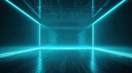 Poster - A spacious room features glowing blue neon lights outlining its sleek structure. The reflective floor enhances the contemporary ambiance, creating a striking visual appeal.