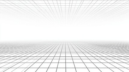 Poster - A vast white space is marked by a grid pattern that extends infinitely. The perspective creates a sense of depth, ideal for various design applications and visual effects.