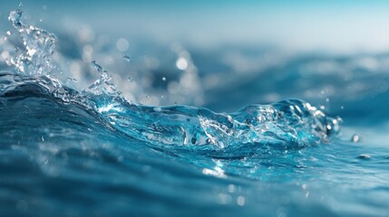 Poster - Close-up view of a water splash, showcasing droplets glistening in bright light. The image highlights the beauty and motion of water waves, creating a serene atmosphere.