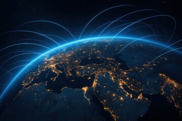 Fototapete - Global Connectivity: Illustrating the interconnectedness of the world with luminous pathways of data, showcasing global networks and digital communication.