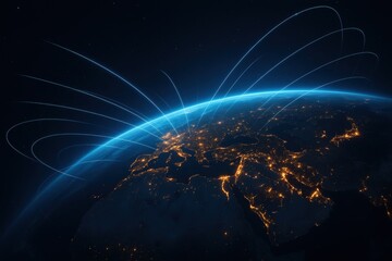 Fototapete - Global Connectivity: A captivating digital depiction showcases Earth's vibrant glow with lines representing international connections, symbolizing the interconnectedness of our planet.
