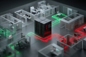 Poster - Isometric view of server infrastructure with illuminated network connections