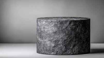 Poster - A cylindrical stone sculpture prominently displayed on a white surface, showcasing its textured gray surface against a muted gray backdrop. The setting reflects contemporary art aesthetics.
