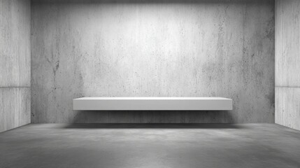 Poster - A minimalist concrete room showcases a floating white shelf against a smooth grey wall. Natural light fills the space, highlighting the clean lines and simple design.
