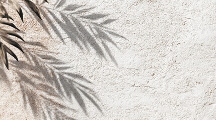Poster - Palm leaves create intricate shadows on a rough white wall, showcasing the beauty of natural light and texture in a serene outdoor space during a peaceful afternoon.